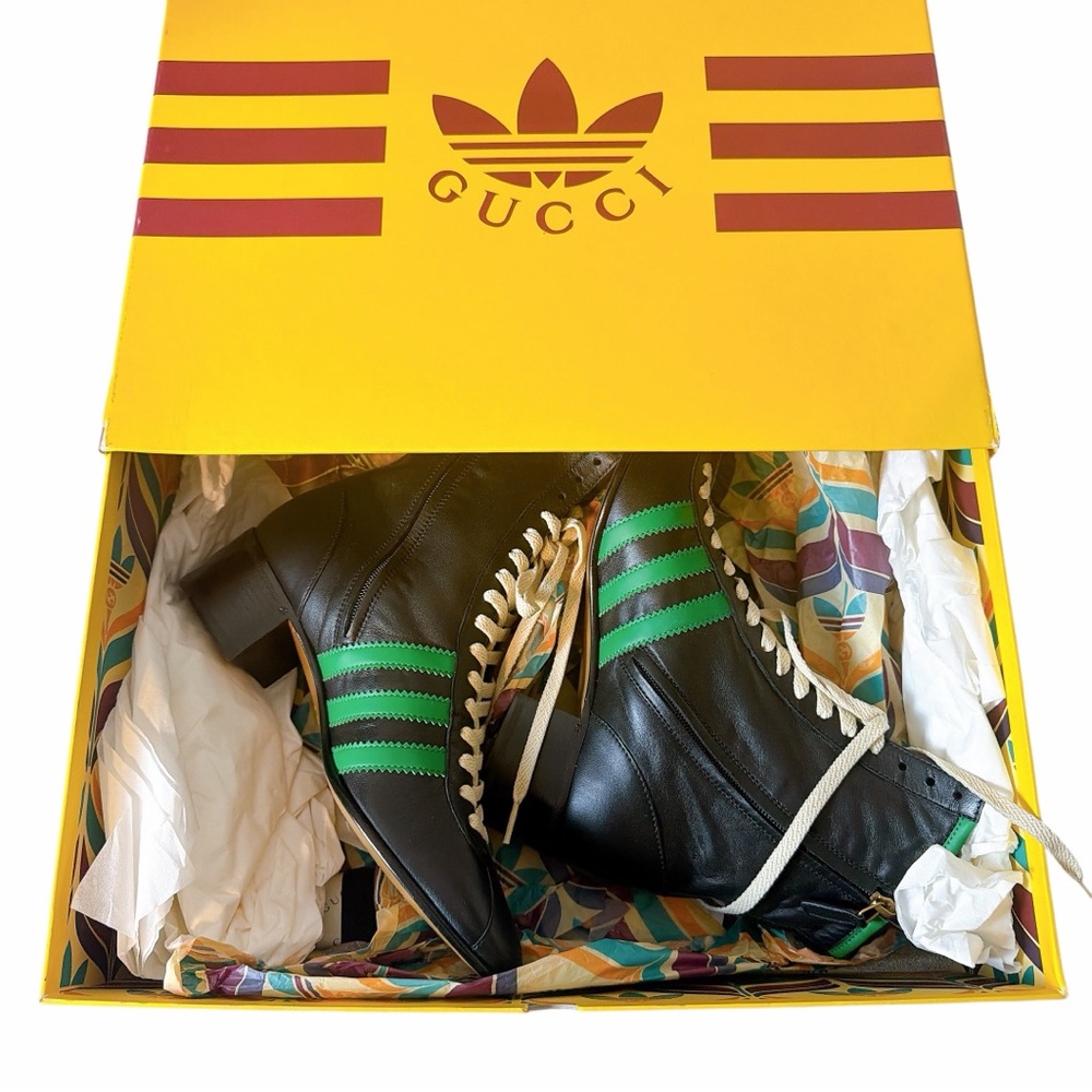Gucci Black Leather Ankle Boots with Green Stripes